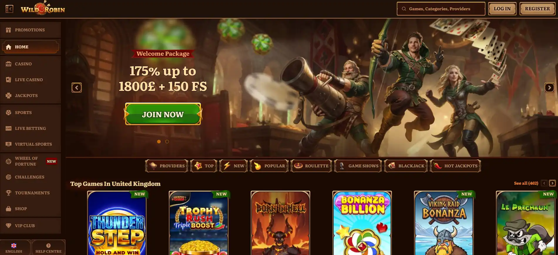 Current WildRobin homepage and casino interface